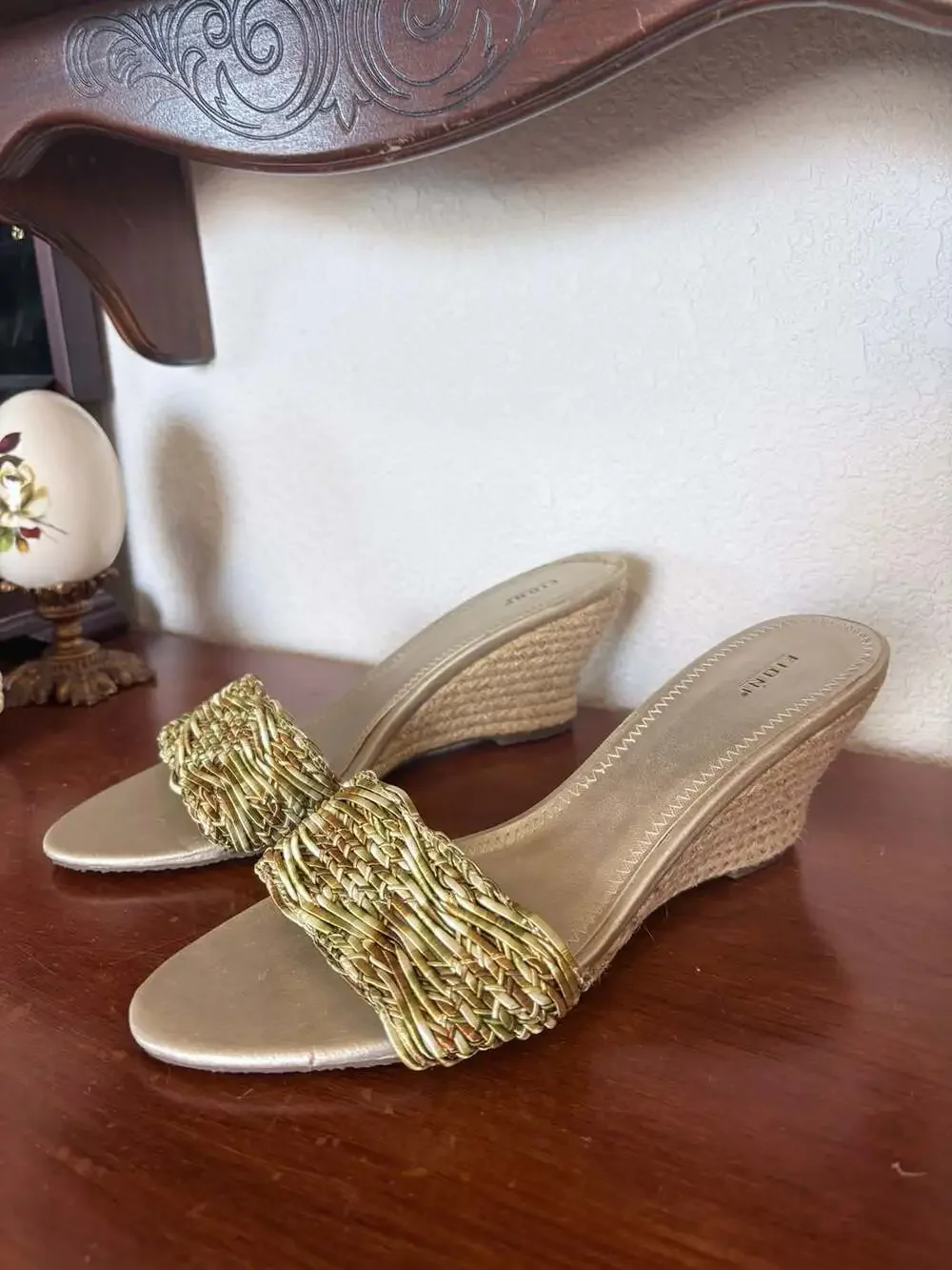 Fioni Gold Braided Wedge Sandals Mules